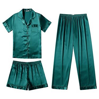 Ekouaer Silk 3 pc Pajamas for Women Set Pjs Soft Short Sleeve Button Down Sleepwear