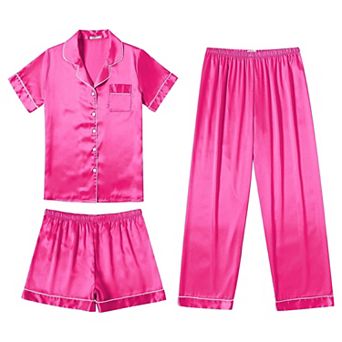 Ekouaer Silk 3 pc Pajamas for Women Set Pjs Soft Short Sleeve Button Down Sleepwear
