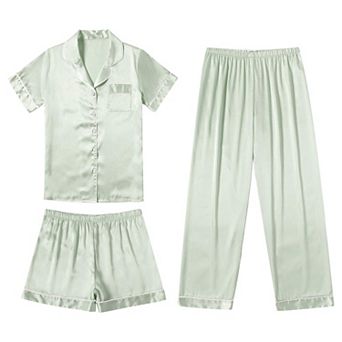 Ekouaer Silk 3 pc Pajamas for Women Set Pjs Soft Short Sleeve Button Down Sleepwear