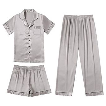 Ekouaer Silk 3 pc Pajamas for Women Set Pjs Soft Short Sleeve Button Down Sleepwear