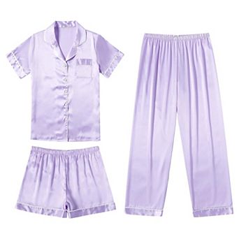 Ekouaer Silk 3 pc Pajamas for Women Set Pjs Soft Short Sleeve Button Down Sleepwear