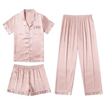 Ekouaer Silk 3 pc Pajamas for Women Set Pjs Soft Short Sleeve Button Down Sleepwear