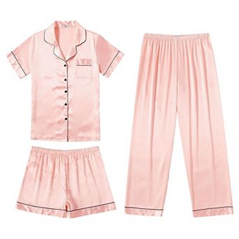 Ekouaer Silk 3 pc Pajamas for Women Set Pjs Soft Short Sleeve Button Down Sleepwear