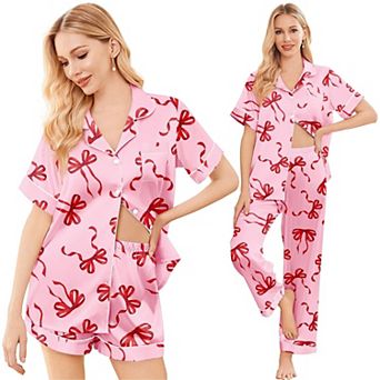 Ekouaer Silk 3 pc Pajamas for Women Set Pjs Soft Short Sleeve Button Down Sleepwear