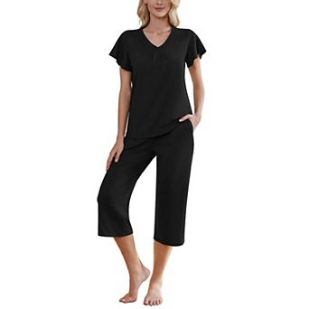 Ekouaer Womens Pajamas Set Ruffle Short Sleeve Top and Capri Pants Pjs Soft Sleepwear