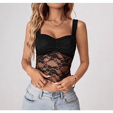 Women's Lace Y2K Crop Top Sweetheart Neck Sheer Mesh Ruched Bust Tank Top