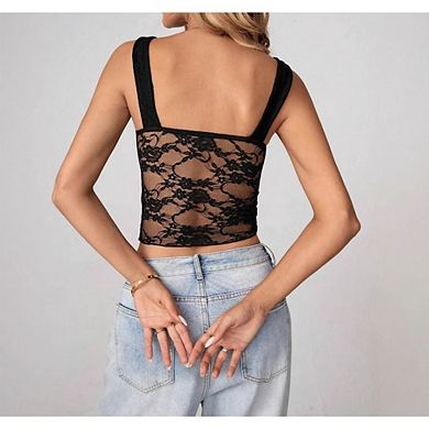Women's Lace Y2K Crop Top Sweetheart Neck Sheer Mesh Ruched Bust Tank Top