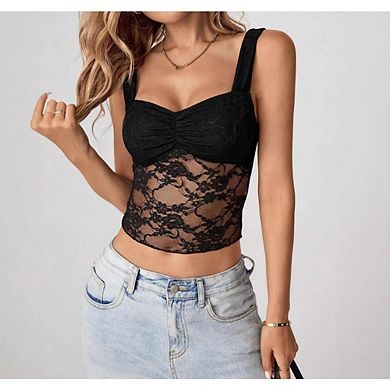 Women's Lace Y2K Crop Top Sweetheart Neck Sheer Mesh Ruched Bust Tank Top