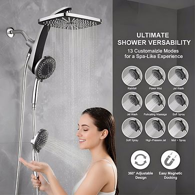 High Pressure Rain Shower Head with Handheld, 10-Spray Combo & Magnetic Docking
