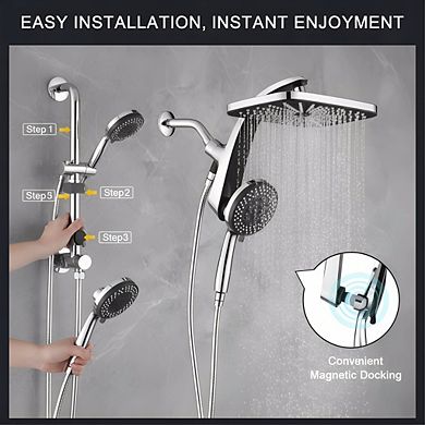 High Pressure Rain Shower Head with Handheld, 10-Spray Combo & Magnetic Docking