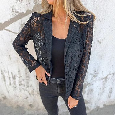 Women Lace Blazer Open Front Button Down Sheer Mesh Blazer Elegant Long Sleeve Casual Blazers Jacket