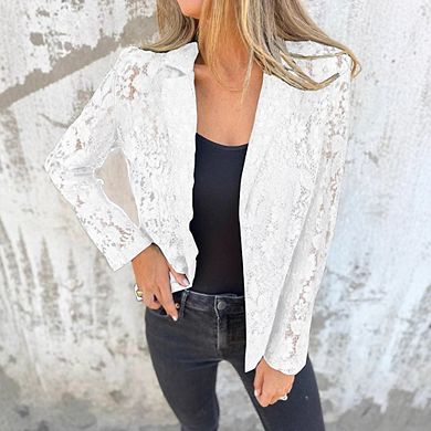 Women Lace Blazer Open Front Button Down Sheer Mesh Blazer Elegant Long Sleeve Casual Blazers Jacket