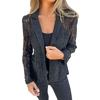 Women Lace Blazer Open Front Button Down Sheer Mesh Blazer Elegant Long Sleeve Casual Blazers Jacket