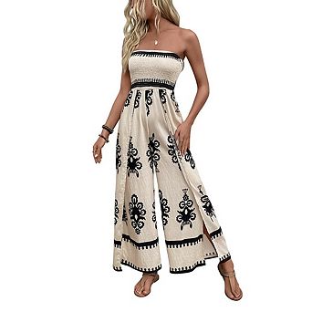 Women's Floral Print Strapless Jumpsuit Boho Wide Leg Romper with High Side Slit