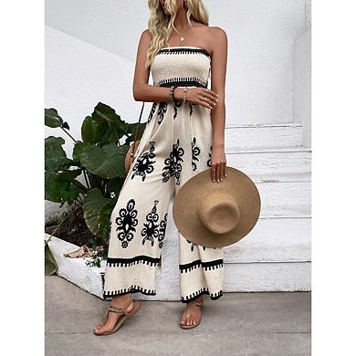 Women's Floral Print Strapless Jumpsuit Boho Wide Leg Romper with High Side Slit