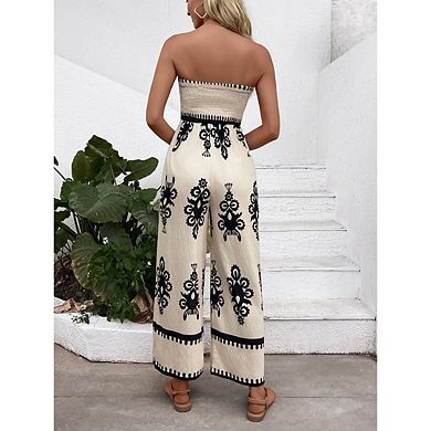 Women's Floral Print Strapless Jumpsuit Boho Wide Leg Romper with High Side Slit