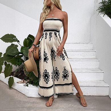 Women's Floral Print Strapless Jumpsuit Boho Wide Leg Romper with High Side Slit