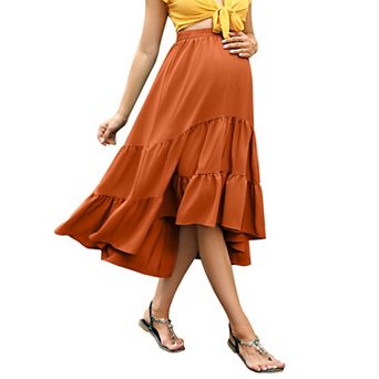 Women's Maternity High Waist Midi Skirt Ruffle Hem Casual Skirt