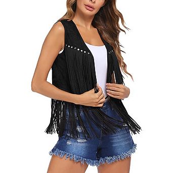 70s Hippie Fringe Vest Faux Suede Tassel Sleeveless Western Cowgirl Jacket