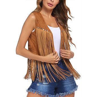 70s Hippie Fringe Vest Faux Suede Tassel Sleeveless Western Cowgirl Jacket