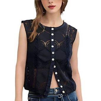 Women Lace Trim Splice Hollow Out Knit Lace Top Loose Casual Button Down Sleeveless Top Daily Vest