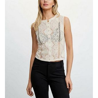 Women Lace Trim Splice Hollow Out Knit Lace Top Loose Casual Button Down Sleeveless Top Daily Vest