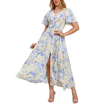 Women's V Neck Flutter Sleeve Maxi Dress Smocked Waist Split Floral Casual Sundress