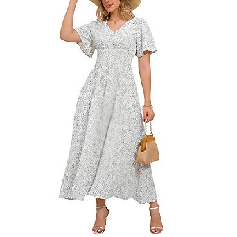 Women's V Neck Flutter Sleeve Maxi Dress Smocked Waist Split Floral Casual Sundress