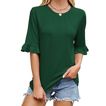 Women Pleated Crew Neck Ruffle Sleeve Mid Sleeve Top Daily Loose Casual Top Summer Short Sleeve
