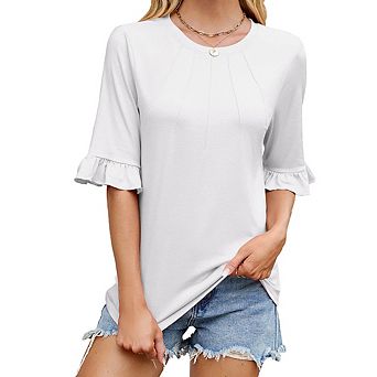 Women Pleated Crew Neck Ruffle Sleeve Mid Sleeve Top Daily Loose Casual Top Summer Short Sleeve