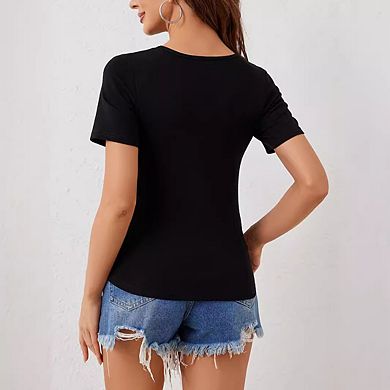 Women's V-Neck Pendant Zipper Short Sleeve Tee