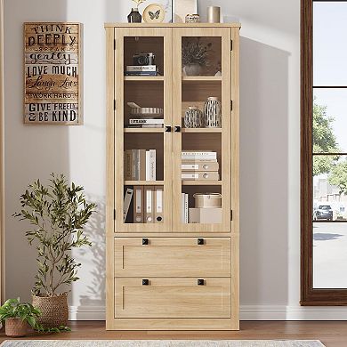 ANIXOL Kitchen Pantry Cabinet with Glass Doors and Drawers