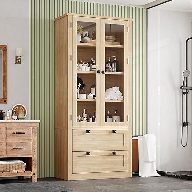 ANIXOL Kitchen Pantry Cabinet with Glass Doors and Drawers