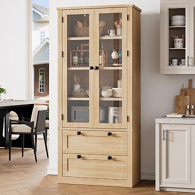 ANIXOL Kitchen Pantry Cabinet with Glass Doors and Drawers
