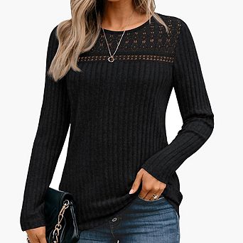 Women Lace Long Sleeve Shirt Fall Fashion Dressy Casual Tunic Sweaters Mesh Tops Trendy Work Outfits
