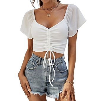 Women's Blouse Summer Short Sleeve Chiffon Tops Low-cut Drawstring Front Crop Top Stylish