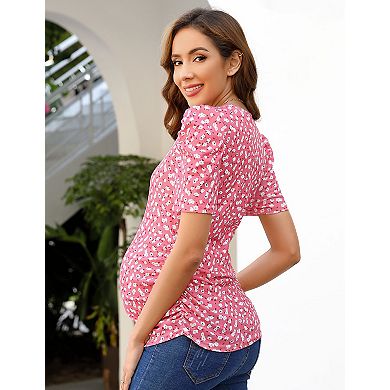 Women's Maternity Crewneck Puff Sleeve Ribbed T-Shirt Casual Top