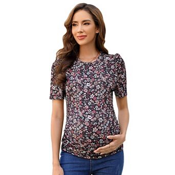 Women's Maternity Crewneck Puff Sleeve Ribbed T-Shirt Casual Top