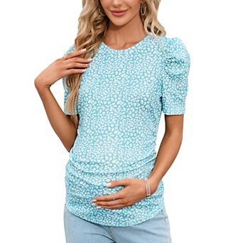 Women's Maternity Crewneck Puff Sleeve Ribbed T-Shirt Casual Top