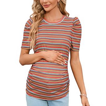 Women's Maternity Crewneck Puff Sleeve Ribbed T-Shirt Casual Top