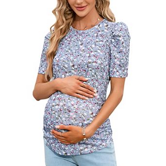 Women's Maternity Crewneck Puff Sleeve Ribbed T-Shirt Casual Top