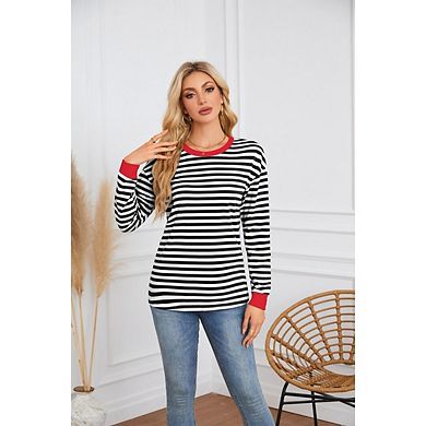 Women's Casual Crewneck Blouses Tunic Tops Basic Long Sleeve Striped T Shirts Stylish