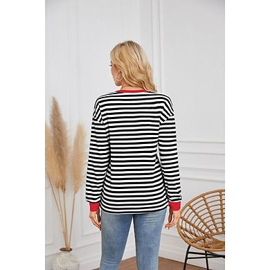 Women's Casual Crewneck Blouses Tunic Tops Basic Long Sleeve Striped T Shirts Stylish