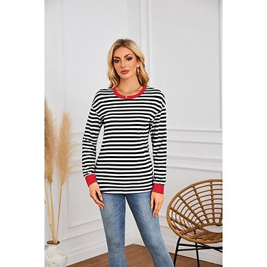 Women's Casual Crewneck Blouses Tunic Tops Basic Long Sleeve Striped T Shirts Stylish