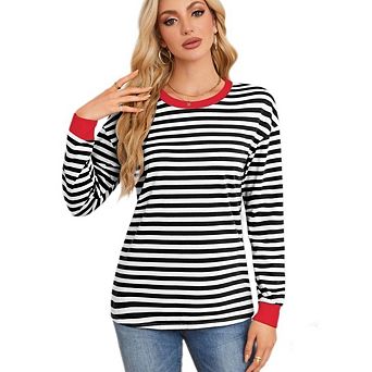 Women's Casual Crewneck Blouses Tunic Tops Basic Long Sleeve Striped T Shirts Stylish