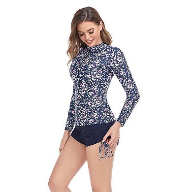 Women's Long Sleeve Two Piece Rash Guard Swimsuit Set Printed Swim Top and Shorts