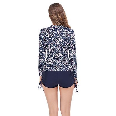 Women's Long Sleeve Two Piece Rash Guard Swimsuit Set Printed Swim Top and Shorts
