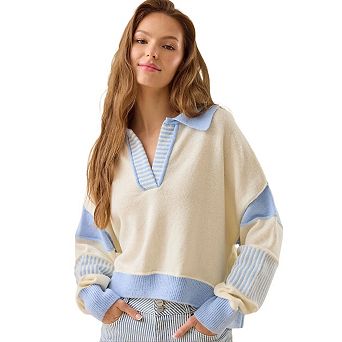 V Neck Long Sleeve Loose Sweaters Color Block Striped Knitted Pullover Jumper Tops