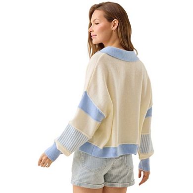 V Neck Long Sleeve Loose Sweaters Color Block Striped Knitted Pullover Jumper Tops