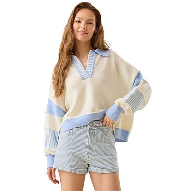 V Neck Long Sleeve Loose Sweaters Color Block Striped Knitted Pullover Jumper Tops